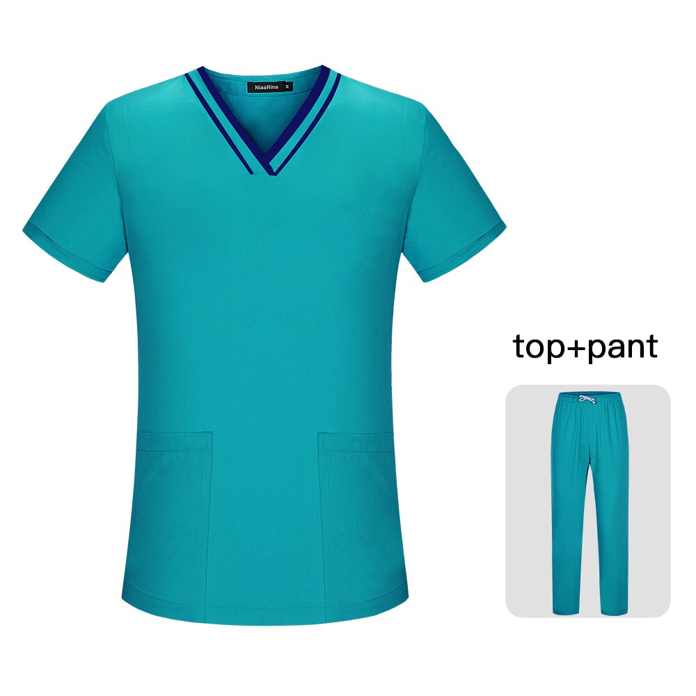 Gesundheit Service Arbeits Uniformen Kurzarm V-ausschnitt Peelings Anzug Tops + Hosen Scrubs Kleidung Männer Arbeitskleidung Scrubs Frauen Spa Uniformen: Lake blue / S