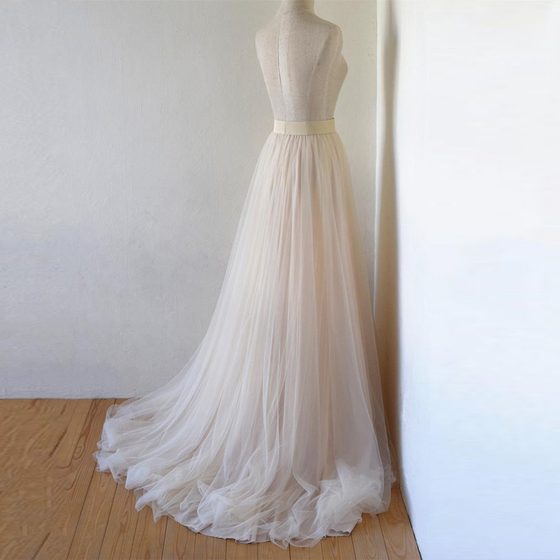 WDPL Women's High Waist Maxi Tulle Skirt With Long Train - Bridal Wedding Skirt, Blue, Sizes XS-5XL