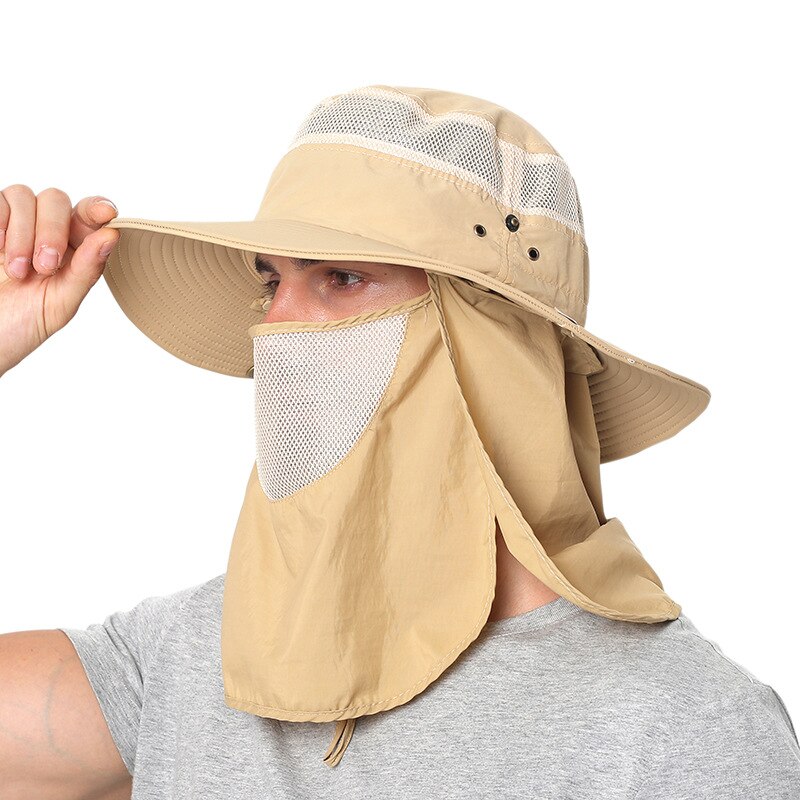 Camoland uv beskyttelse solhatte med ansigt hals flap kvinder mænd åndbar mesh spand hatte mandlige udendørs vandreture fiskeri cap: Khaki