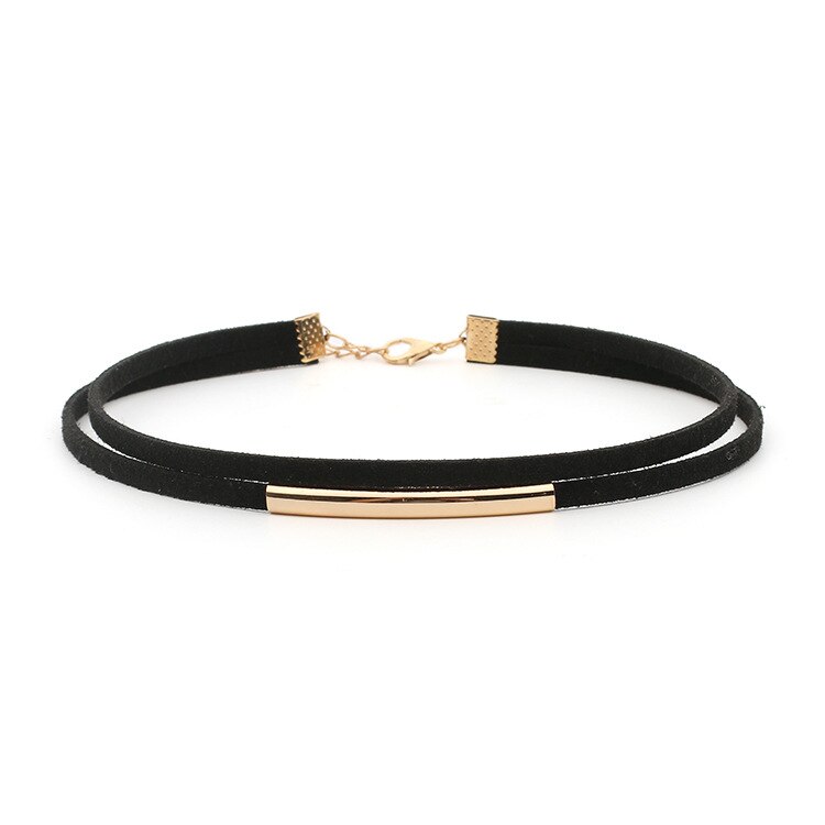 Mode Buigen Buis Fluwelen Choker Ketting Double Layer Stijl Koppel Zwarte Korte Lederen Ketting Charm Collier Femme: Gold