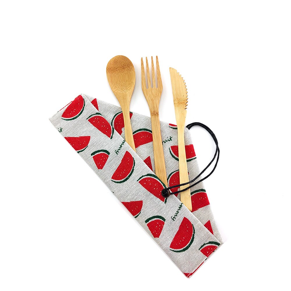 Bamboo Portable Reusable Utensils With Nylon Toothbrush Bamboo Case Travel Cutlery Set Camping Utensils Fork Spoon Knife Set: 1250-R-1