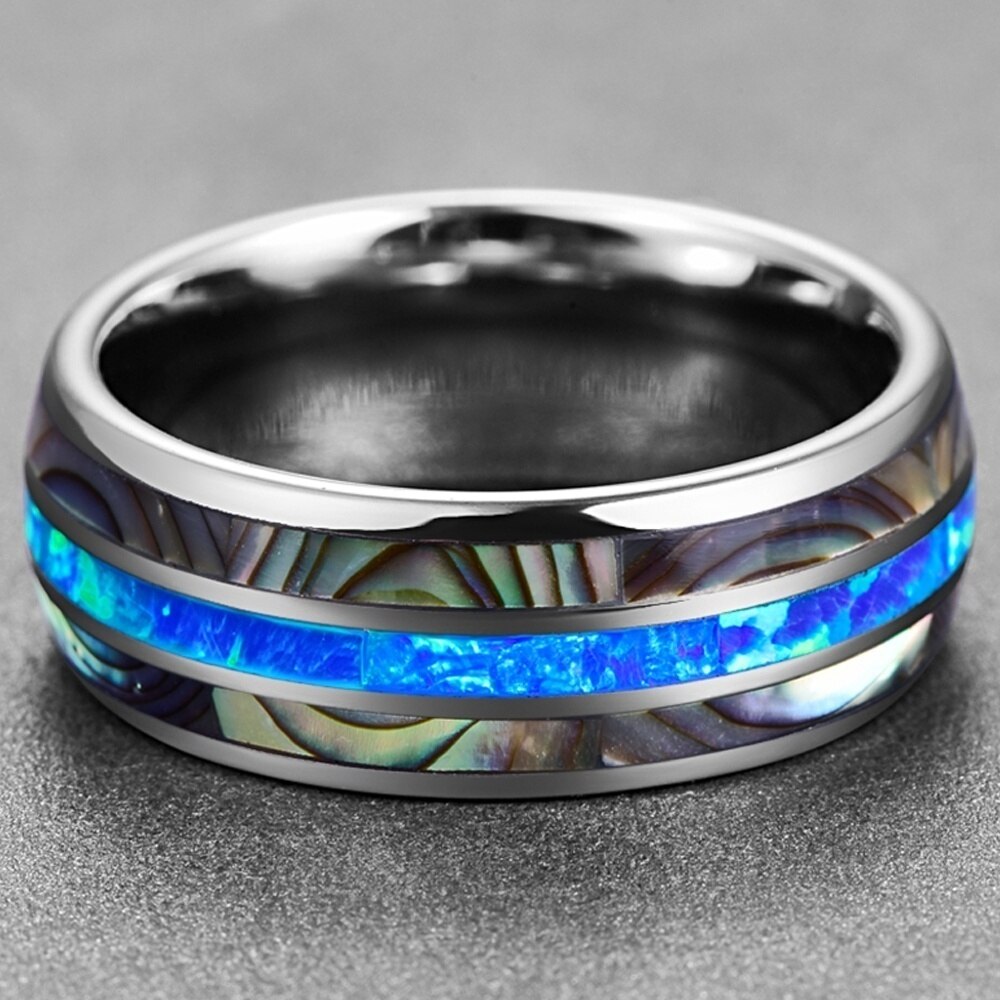 FDLK 8mm Wide Inlaid Shells Blue Opal Stainless Steel Men Rings Never Fade Engagement Ring Men's Jewelry