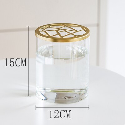 Nordic Transparent Glass Vase Golden Grid Cover Living Room Flower Arrangement Ikebana Decoration Desktop Hydroponic Plants Tool: L