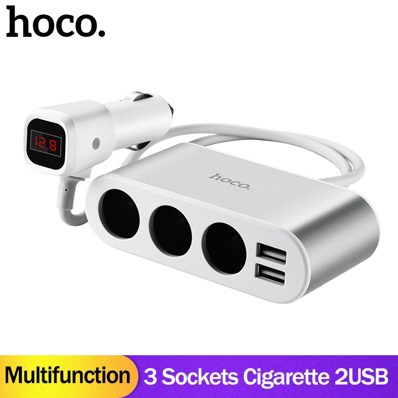 Hoco Autolader 3 Sockets Sigarettenaansteker Adapter Splitter 2 Usb Auto-Oplader Met Digitale Display Voltage Meter Mobiele telefoons