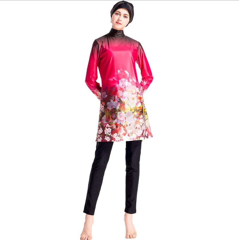 Bañador estampado para mujer, Burkini chino rojo, trajes de baño completos de manga larga, traje de baño musulmán Floral, S-4XL de pesca: 4XL