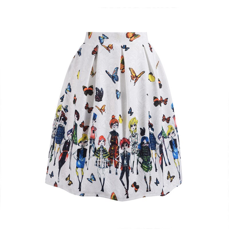 Sommer nederdele til piger med blomsterprint vintage afslappet plisserede nederdele til kvinder midi knælange retro nederdele teenager nederdele: Hvid tegneserie