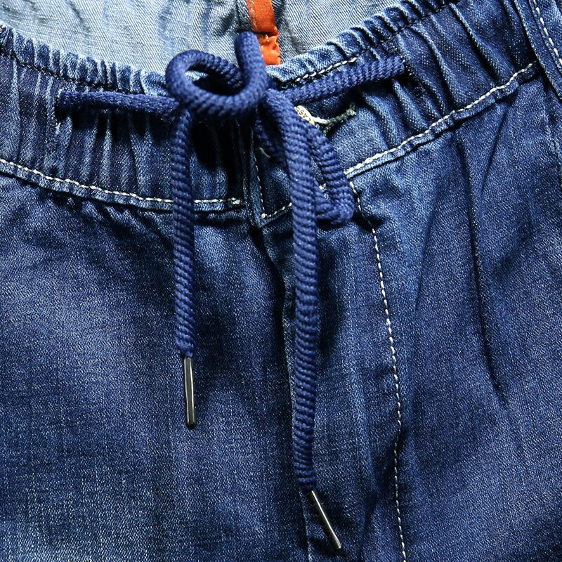 Plus size 6XL Elastic waist Ankle pants men's jeans summer stretch Loose Navy blue Leisure straight large size mid-rise jeans