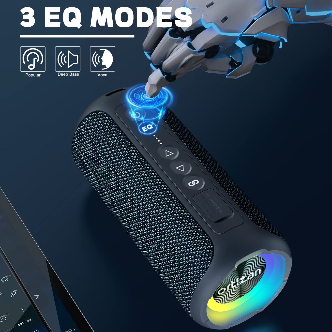 Ortizan 40W PMPO Loud Stereo Portable Speaker, Wireless Speaker, Shower Speakers Featuring Deep Bass, LED Light, 30H Battery, T