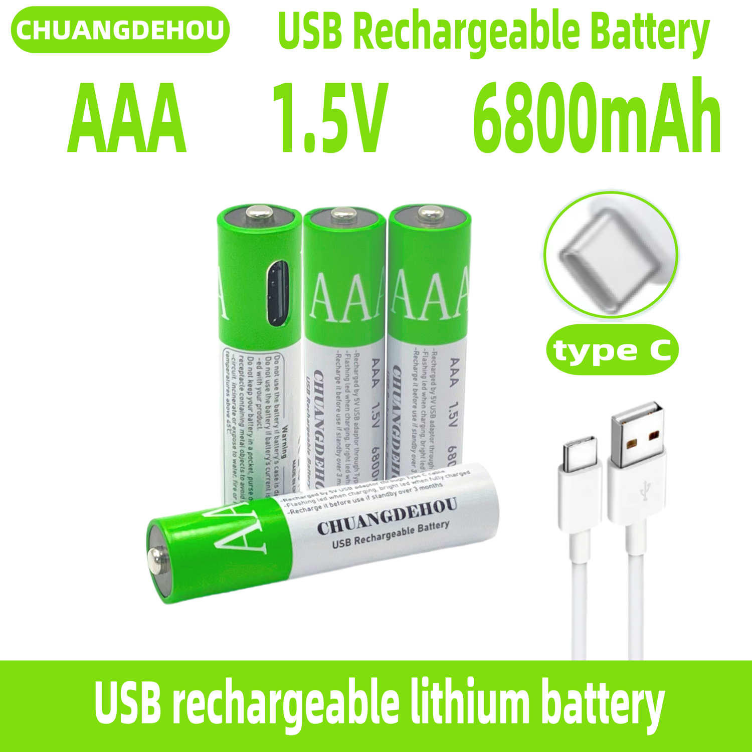 1,5 V Aa/Aaa lithiumbatterij Type-C snel opladen 9900 mAh + 6800 mAh hoge capaciteit groen en wit milieuvriendelijk twee kleuren geschikt voor afstandsbediening/speelgoed/camera/muis (2+2 secties)