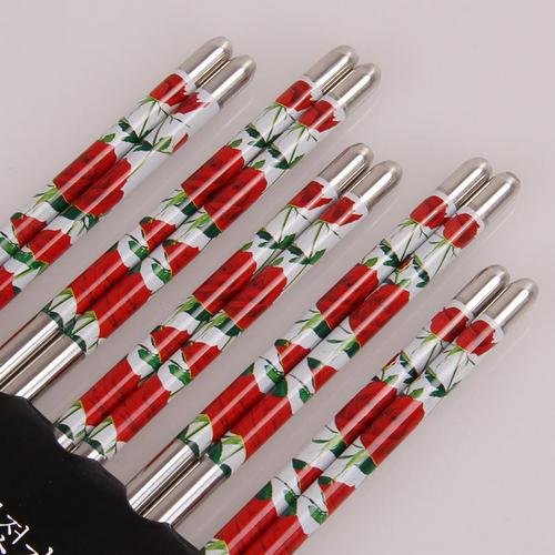 5 Pairs Rvs Eetstokjes Voedsel Stok 22.5Cm Antislip Traditionele Bloemen Patroon Multicolor Herbruikbare Stijlvolle Gezonde: 02