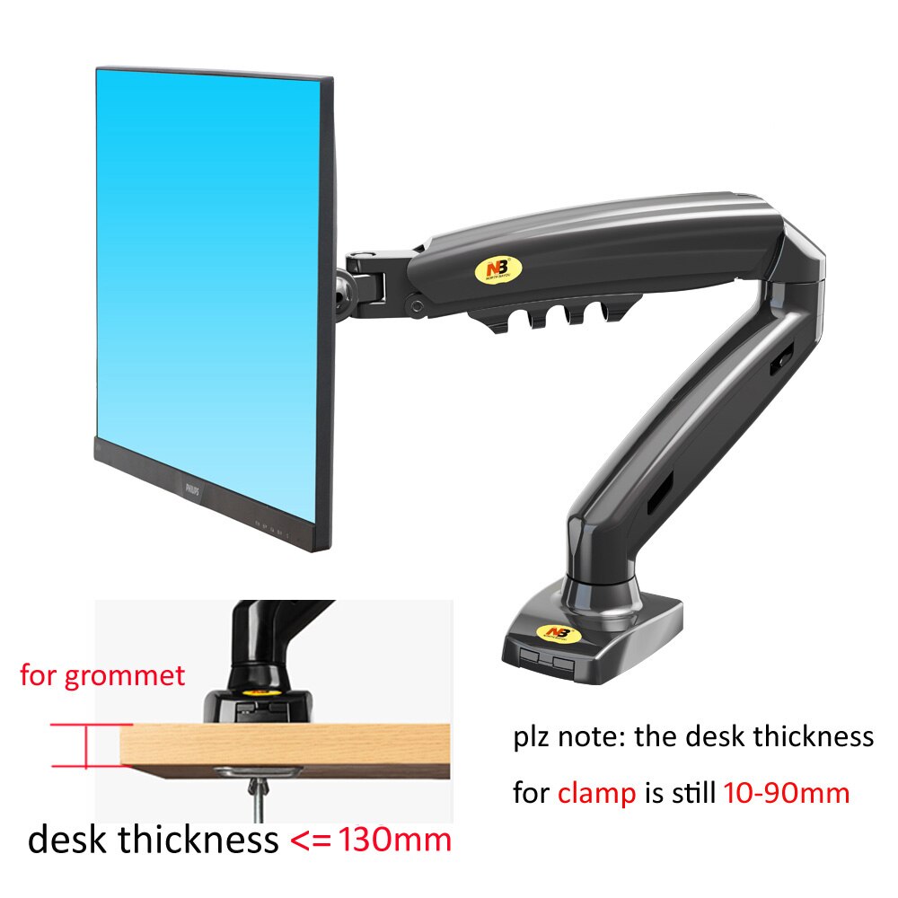 NB F80 17-27" Monitor Holder Arm Gas Spring Full Motion LCD TV Mount 2-9kg ergonomica dual arm clamp bracket 2pc USB3.0: With 130mm grommet
