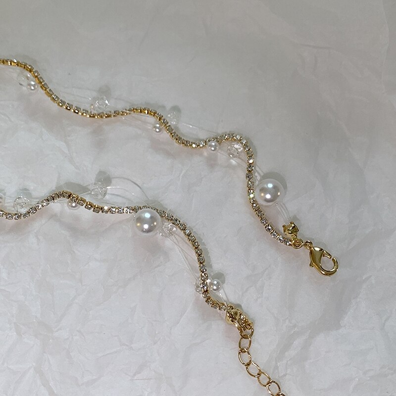 Mengjiqiao 2022 Koreaanse Elegante Parel Kralen Choker Voor Vrouwen Mode Vis Lijn Strass Hanger Ketting Bruiloft Sieraden