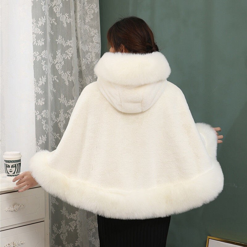 Vrouwen Hood Capes Mantel Winter Dikke Capuchon Bont Sjaal Wit Rood Zwarte Trouwjurk Bruid Bont Cape Poncho Dikker plus Size: WHITE