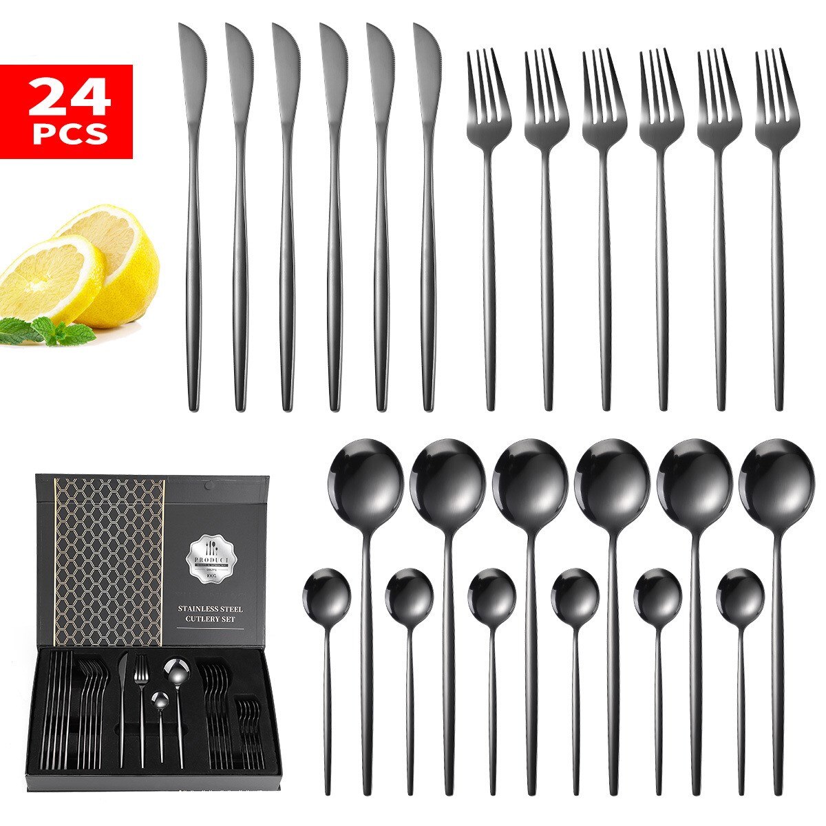 Guld servis set 24 delar gyllene bestick set rostfritt stål servis set bestick silver kniv gaffel sked box set: Svart och låda