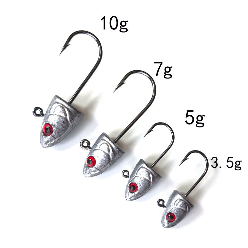 Señuelo de cabeza suave de plomo, aparejo de pesca de lubina, tipo pez 3D, Ojo de 3,5g 5g 7g 10g, cebo de gusano blando de silicona con púas, herramienta de gancho, 6 uds.