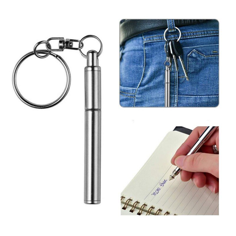 Delicate Rvs Pen Draagbare Telescopische Pen Sleutelhanger Pocket Balpen Ambachten Met Sleutelhanger Caps #