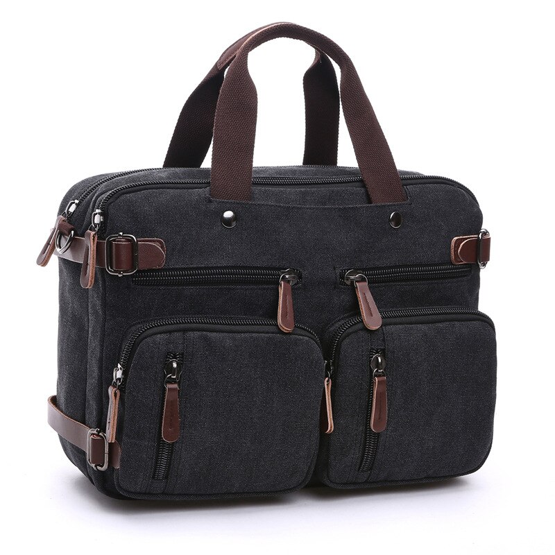 Retro Männer Leinwand Tasche Leder Aktentasche Reise Koffer Messenger Schulter Tote Zurück Handtasche Große Casual Business Laptop Tasche: Black