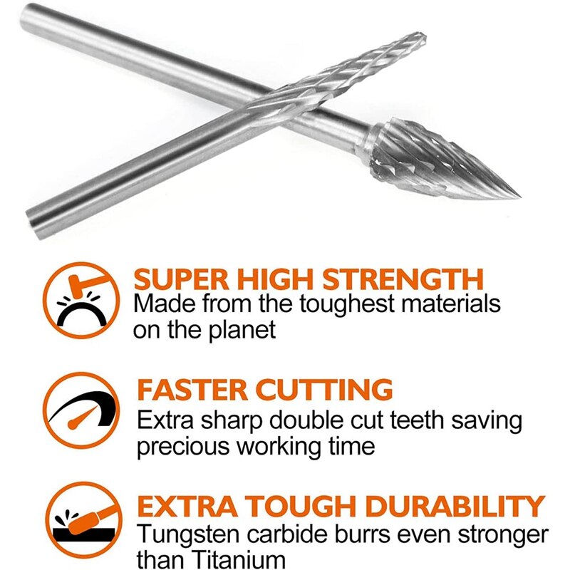 30PCS Double Cut Carbide Burr Set, 1/4Inch Head Length Rotary Tool Cutting Burrs+1/8Inch Tungsten Solid Die Grinder Bits
