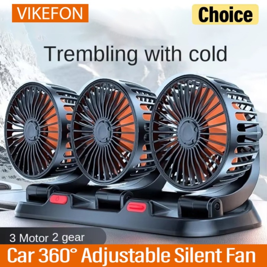Autoventilator 360° ° Einstellbarer 3-Kopf-Luftventilator, elektrischer Kfz-Ventilator, USB/12 V/24 V, 2 Geschwindigkeiten, leiser Auto-Ventilator für Zuhause, Schreibtisch, Büro und Auto