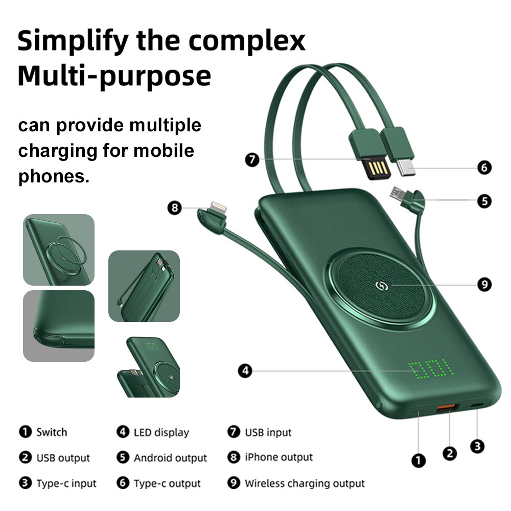 Caseier 20000Mah Draadloze Power Bank Met Kabel Voor Telefoon Onzichtbare Power Display Powerbank 10000Mah Draagbare Externe Batterij