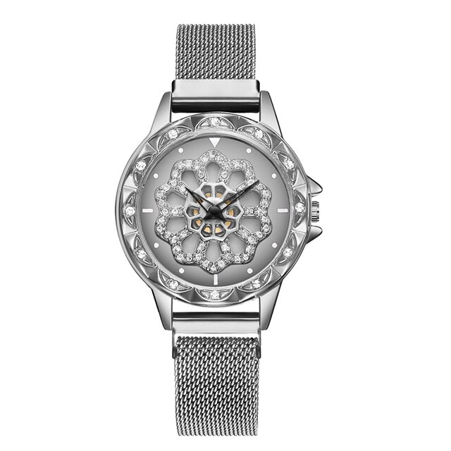 Kvinder armbåndsure kvinders roterende magnetiske heldige damer krystal kvarts armbåndsure reloj femenino: Sølv