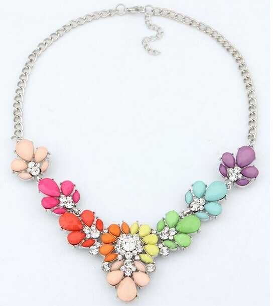 Crystal Kettingen Kleurrijke Crystal Gem Bloem Kraal Zilveren Hanger Statement Ketting Choker Kraag Ketting Voor Vrouwen