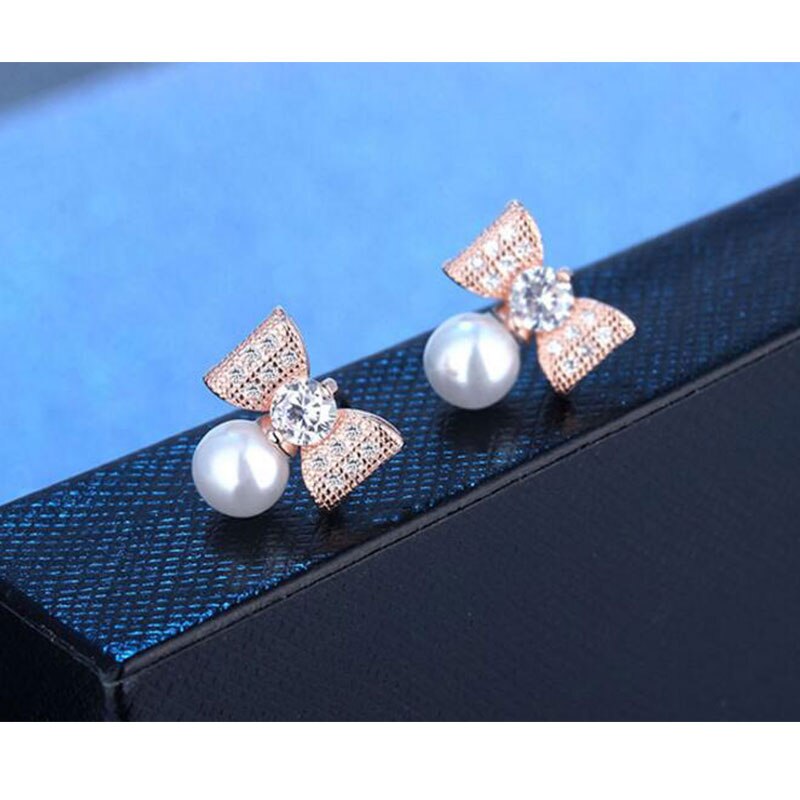 Anenjery di colore Argento di Zircon Della Perla di Bowknot Orecchini con Perno pendientes oorbellen boucle d' oreille femmes regalo S-E342