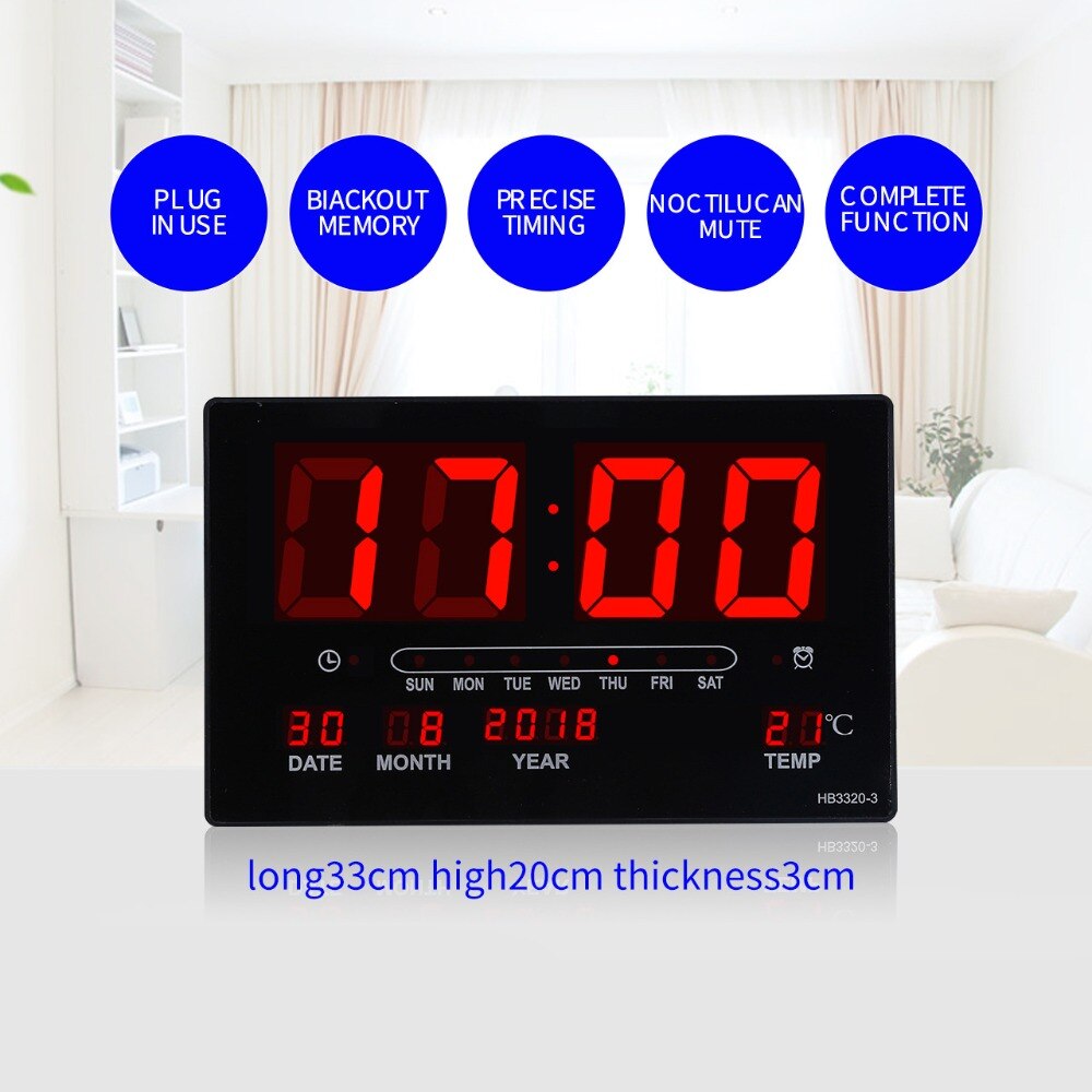 Big number alarm clock Electronic LED calendar hanging clock with week display, Table digital thermometer alarm clock
