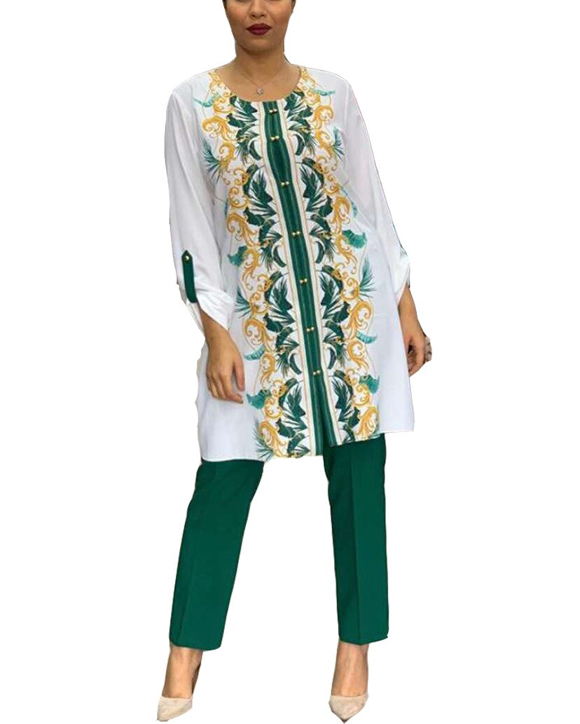 Two Piece Set Africa Clothes African Dashiki Flower Print Suit Top Trousers Super Elastic Party For Women Outfits