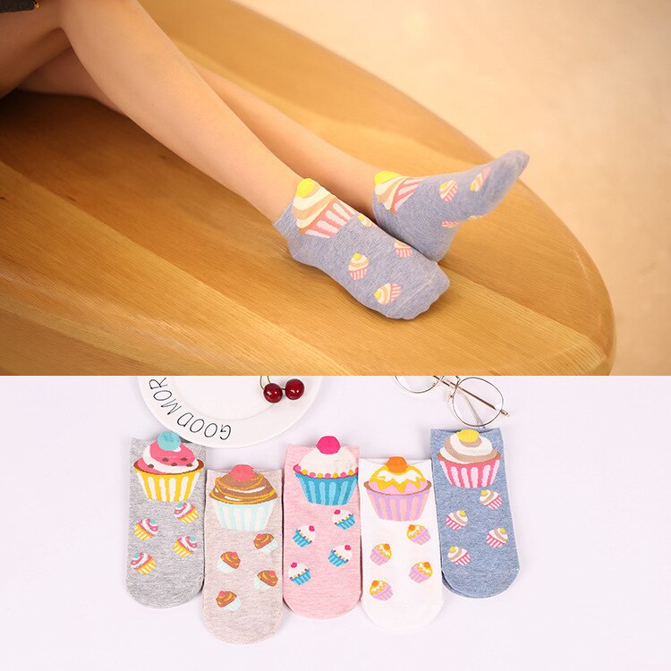 Frutas coloridas Invisível Curto Mulher Suor verão confortável da menina do algodão meias barco das mulheres tornozelo baixo femininas 1 par = 2pcs XG37: xg14random