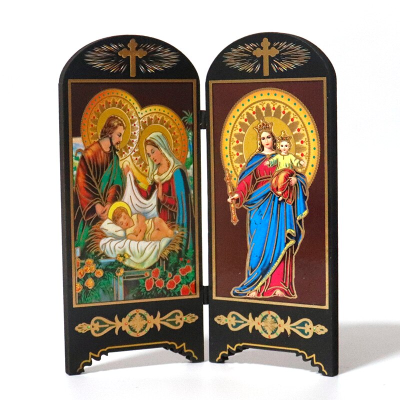 Articulos religiosos catolico religiøs figur ikon dobbeltskærm skrivebord dekoration jesus kristus hellige hjerte jomfru maria figurer: Lysegul