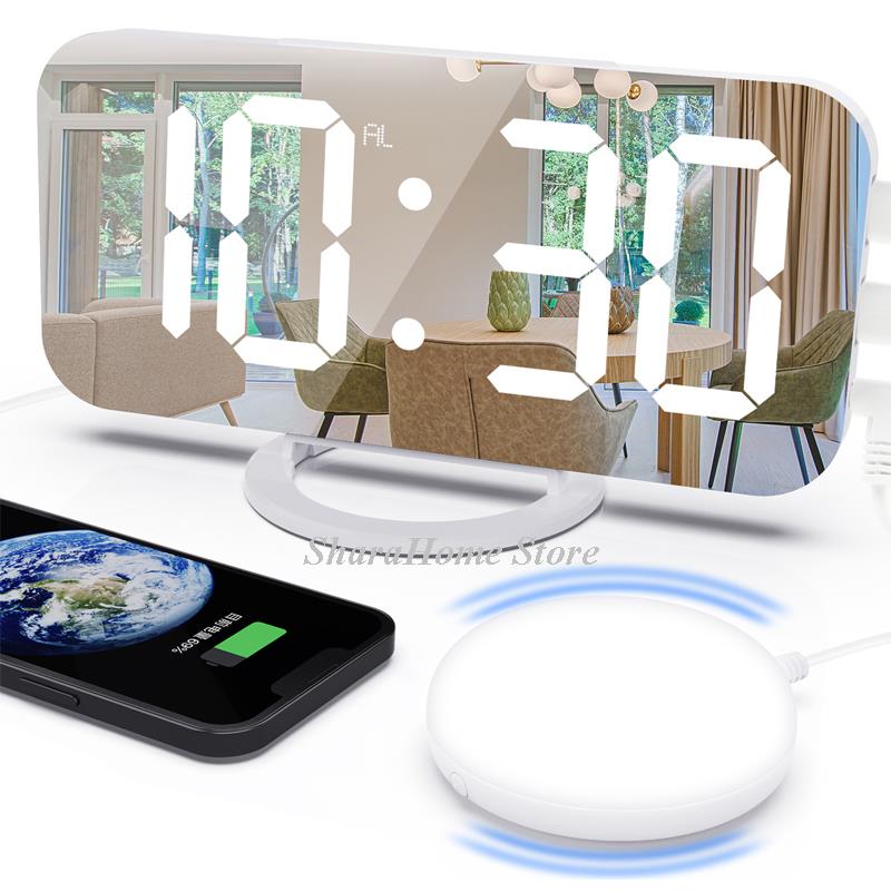 MICLOCK Digital Alarm Clock Large LED Mirror Electronic Clocks with Vibration Reminder Snooze Night Light USB Charge Desk
