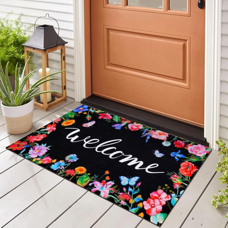 Alfombras florales de bienvenida para puerta, felpudos delanteros florales, alfombra antideslizante para entrada de la casa, sala de estar, cocina: BLANCO