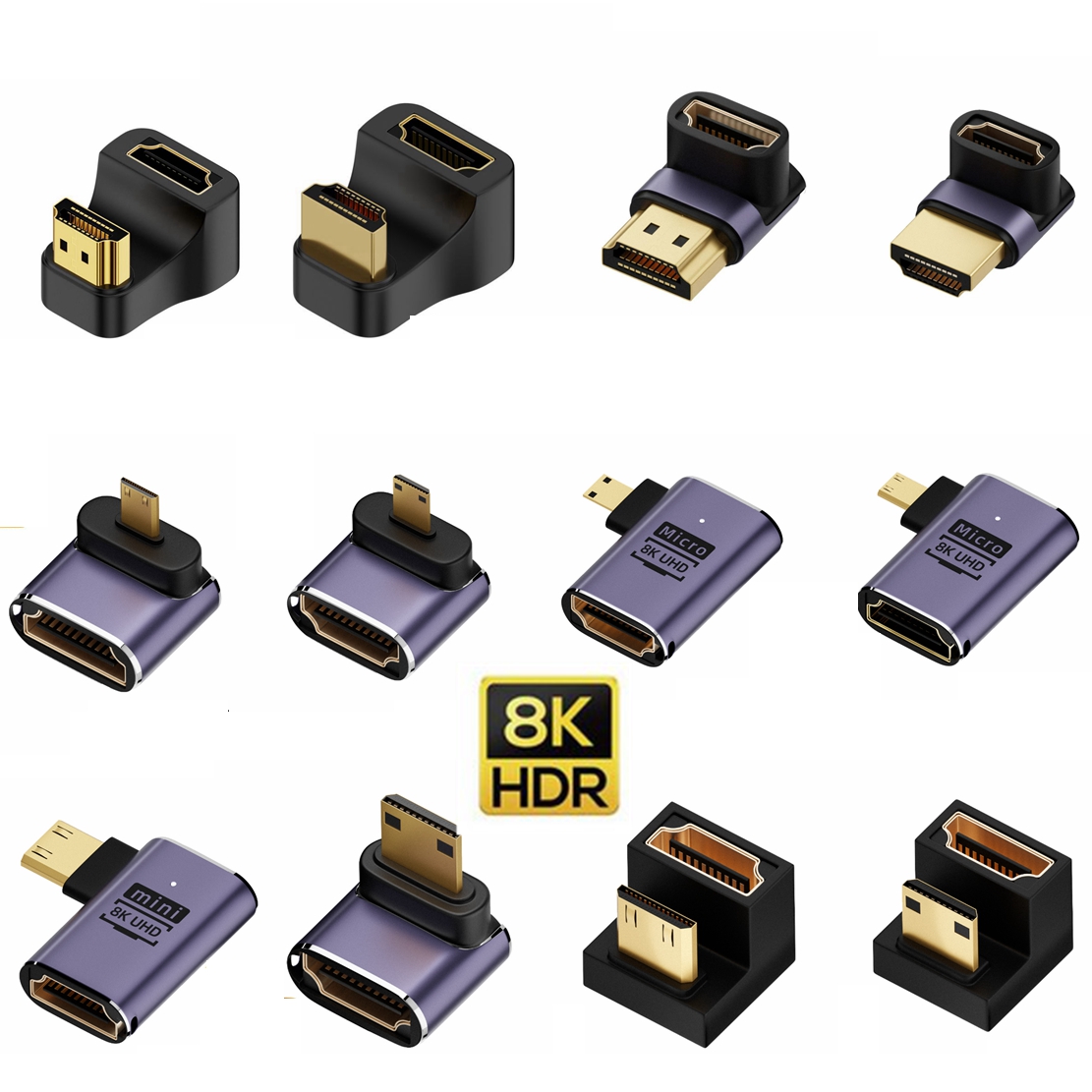 Adaptador UHD 8K 48Gbps HDMI 2,1 V en forma de U, ángulo recto de 90 270 grados, Mini Micro HD macho a conector hembra Compatible con HDMI