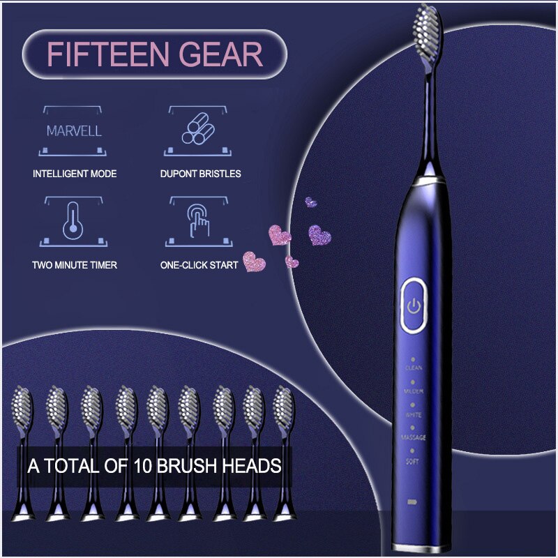 Ultrasonic Electric Toothbrush Sonic wave 360° Teeth Brush For Adult Waterproof IPX7 With 10 Brush Heads Rechargeable USB Charge