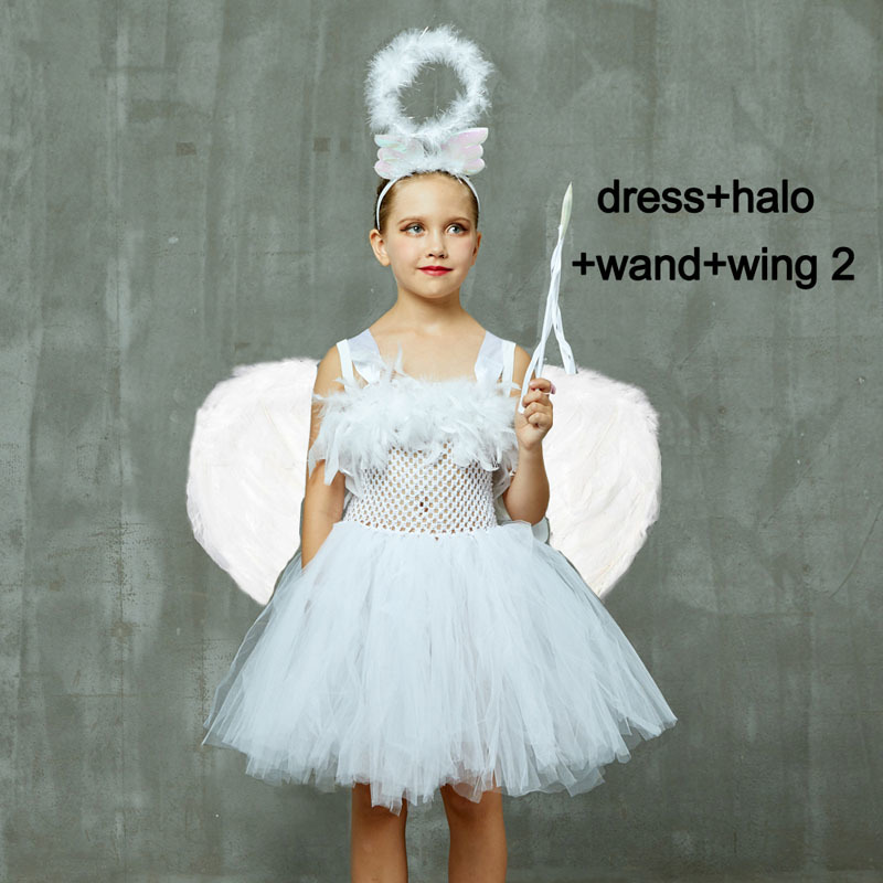 Wächter Engel Kinder Halloween Kostüm Weiß Feder Engel Mädchen Tutu Kleid mit Flügel & Halo Weihnachten Krippe Gabriel Kleidung: 4pcs set design 2 / 6