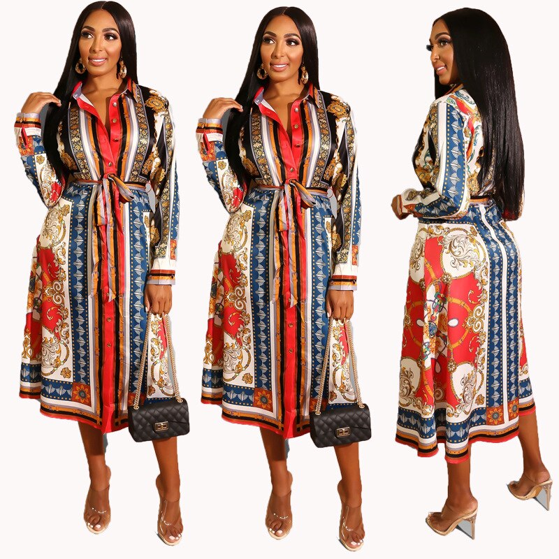 Vestidos africanos para mujer, ropa africana, camisa de manga larga estampada, vestido con cinturón Dashiki Ankara de talla grande, vestidos de oficina para mujer