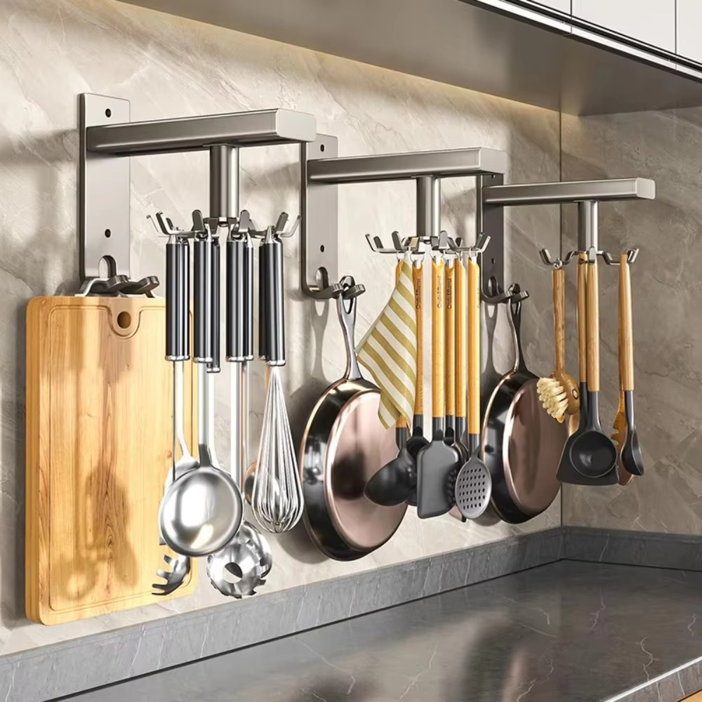 Estantes giratorios para cucharas de cocina, estante de almacenamiento de utensilios de cocina con soporte de carga fuerte, estante para cucharas y espátula montado en la pared no perforado para el hogar