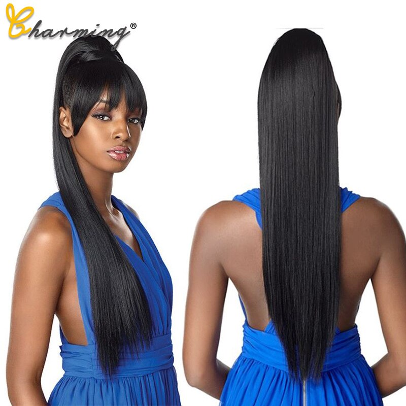 Extensión de cabello para mujer, postizo largo bonito con cordón recto, cola de caballo sintética, negro/marrón, resistente al calor