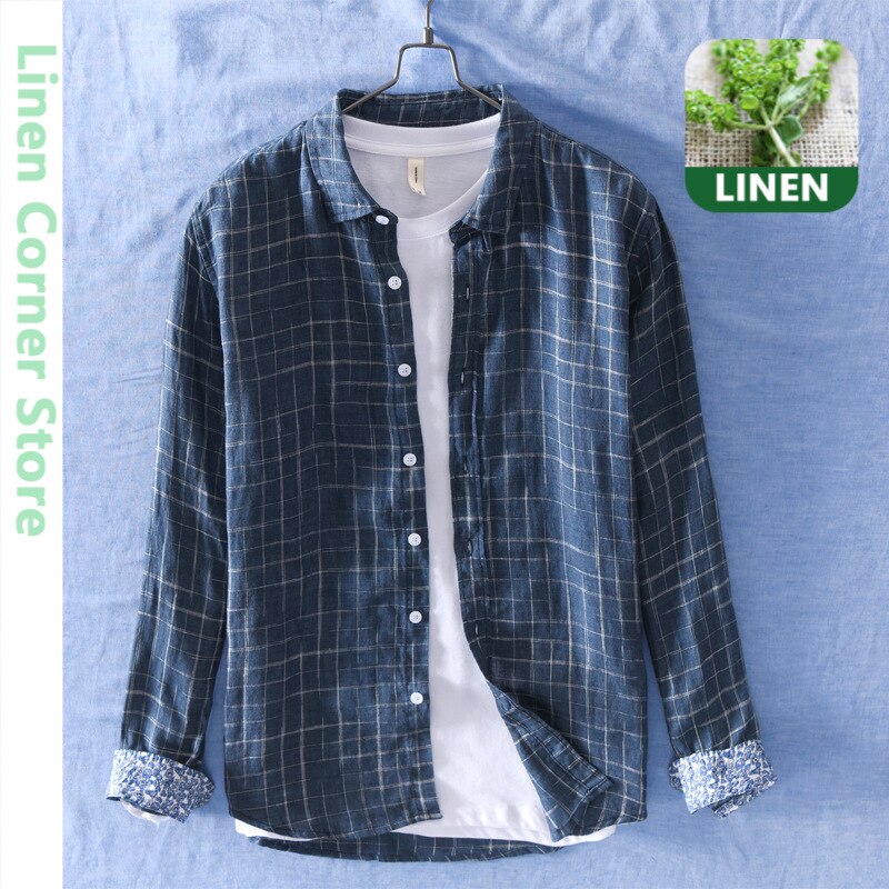 Camisas de linho xadrez para o homem cânhamo puro feito respirável confortável manga longa clássico 2020 outono inverno novo GML04-760