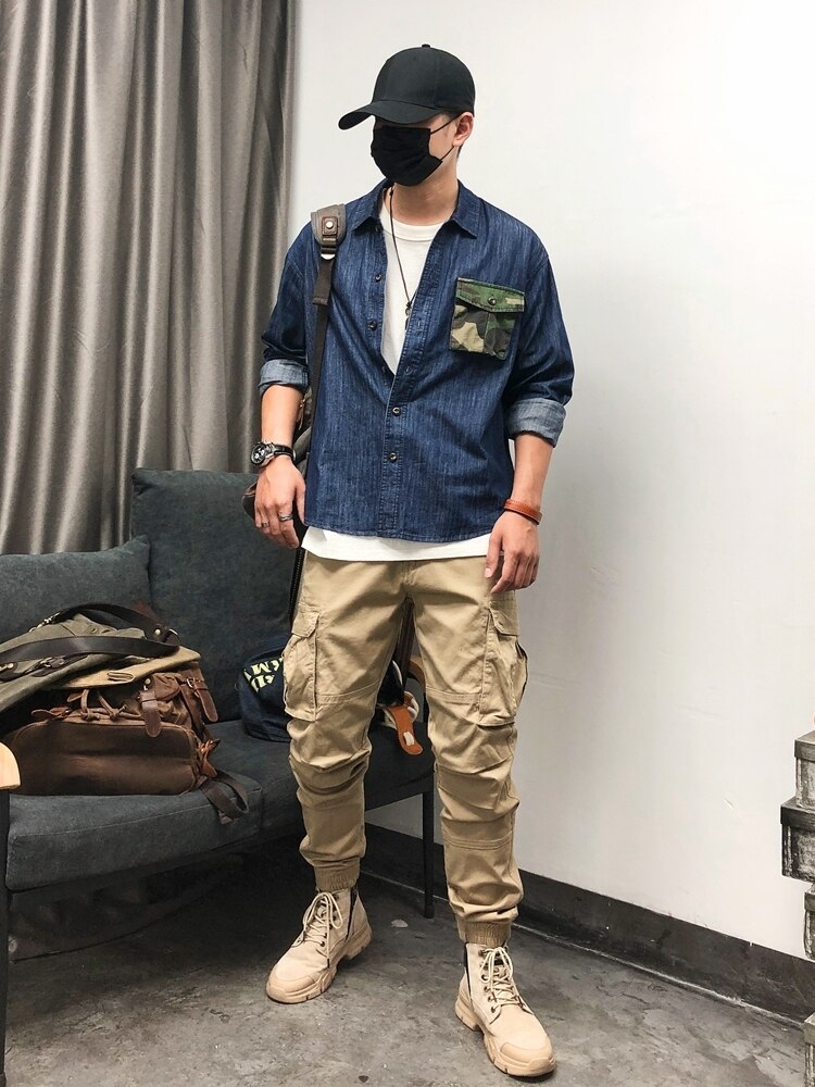 Camouflage lomme koreansk langærmet cargo denim shirt herretøj streetwear kpop frakke harajuku toppe mandlige