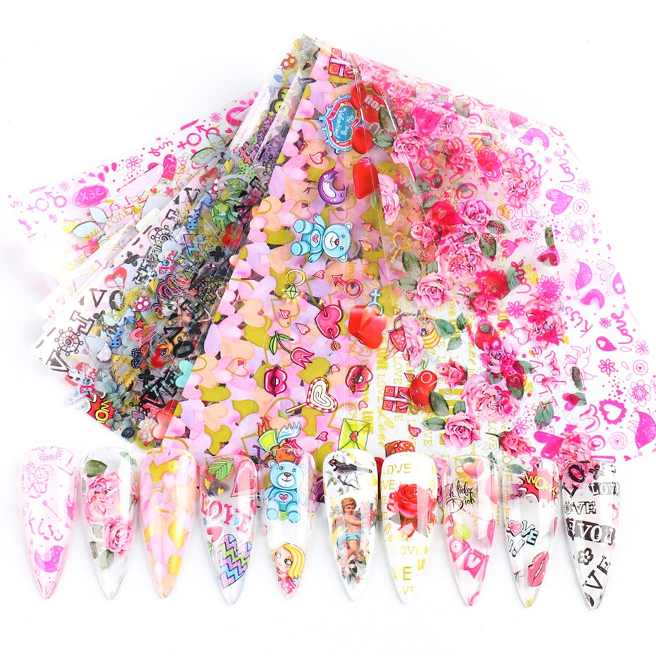 10Pcs Kleurrijke Rose Flower Nail Folies Mix Liefde Cupido Brief Nail Art Transfer Stickers Voor Manicure Valentines Decoratie LY2111