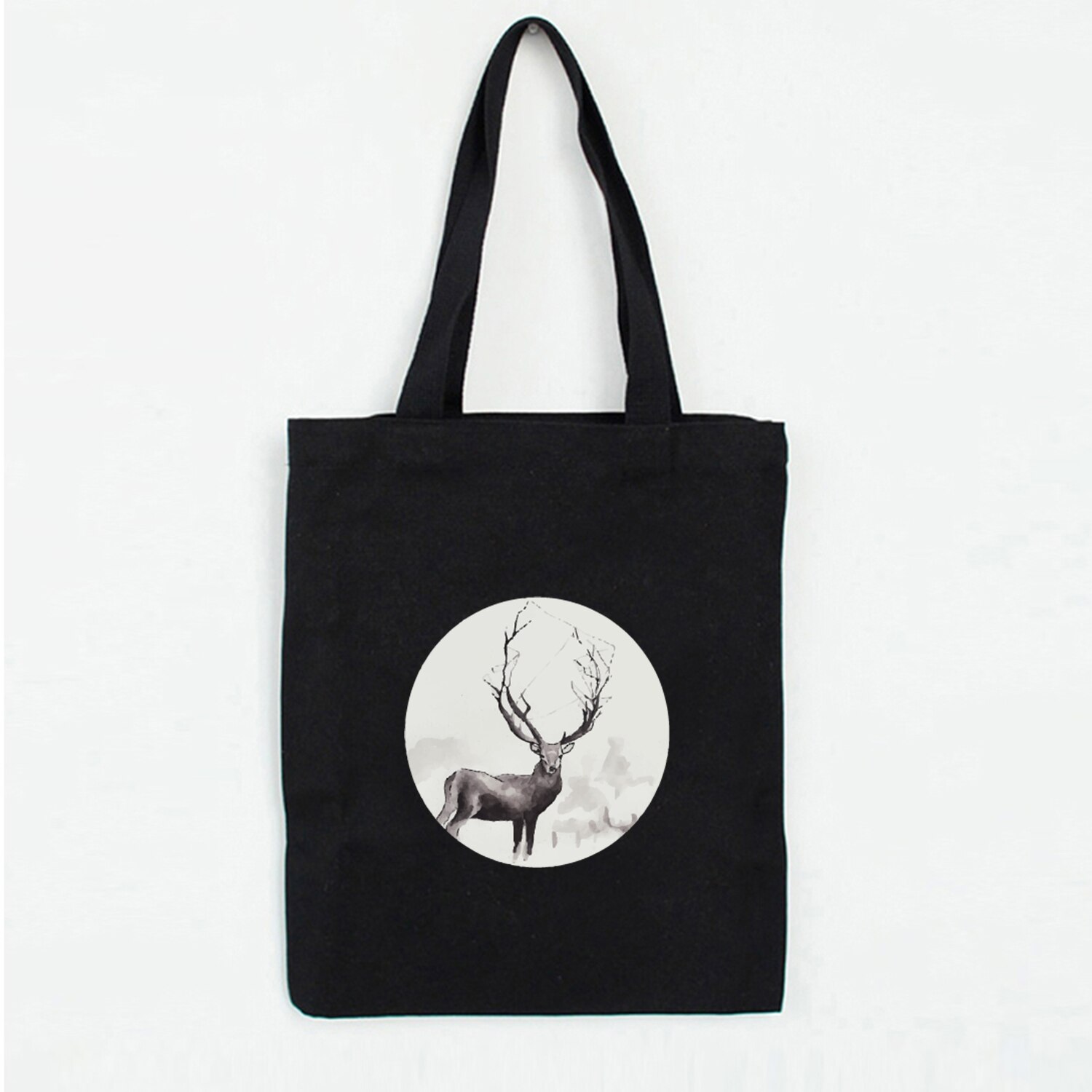 Herten Print Schilderen Boodschappentassen Canvas Opbergzakken Vrouwen Handtas Herbruikbare Vouwen Kruidenier Eco Tassen Literaire: B138BLACK