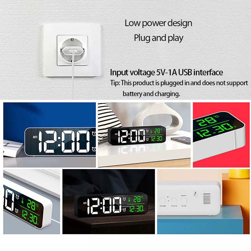 Long Music LED Digital Alarm Clock Mirror Clocks Temperature Date Display Desktop Home Table Decoration Electronic Clock