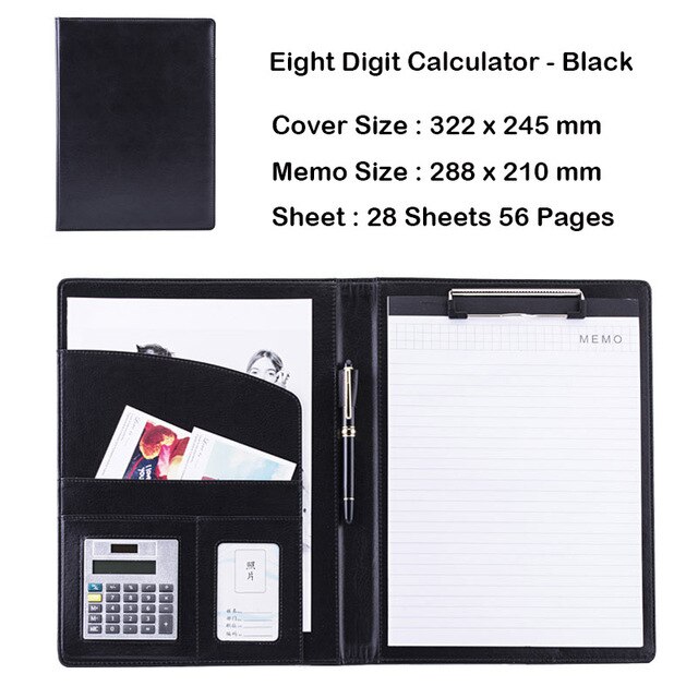 Business Office Folder Multifunctional Office Organizer with Calculator Clip A4 Leather Folder Folder Briefcase Office Supplies: B black