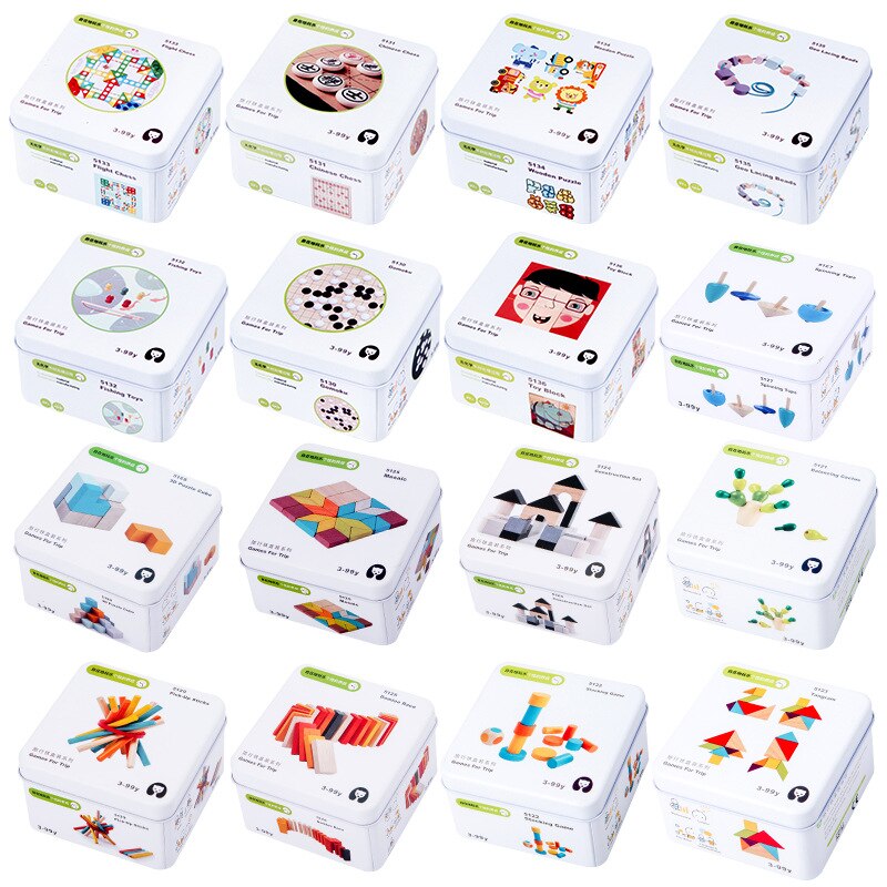 Baby Kids Cognitie Puzzels Speelgoed Peuter Ijzeren Doos Matching Game 3D Houten Puzzel Domino Gyro Sets Voor Kinderen Cognitieve
