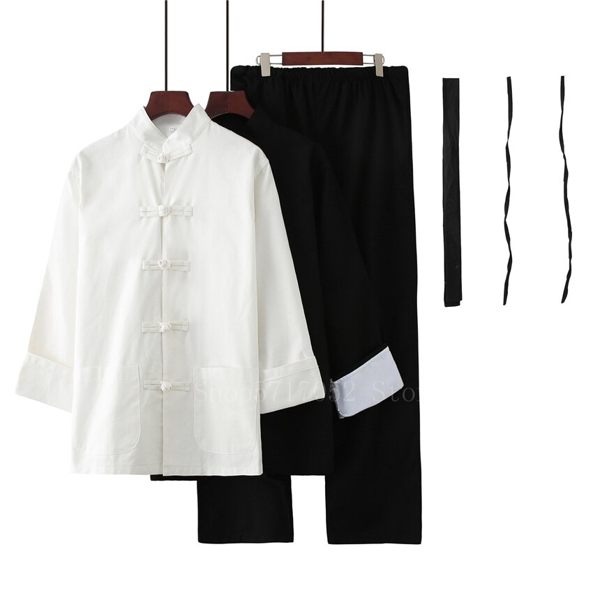 3Pcs Chinese Traditionele Tang Pak Set Mannen Yip Man Bruce Lee Kung Fu Praktijk Uniform Zwart Linnen Shirt Broek tai Chi Outfits: Set3 / Height180CM