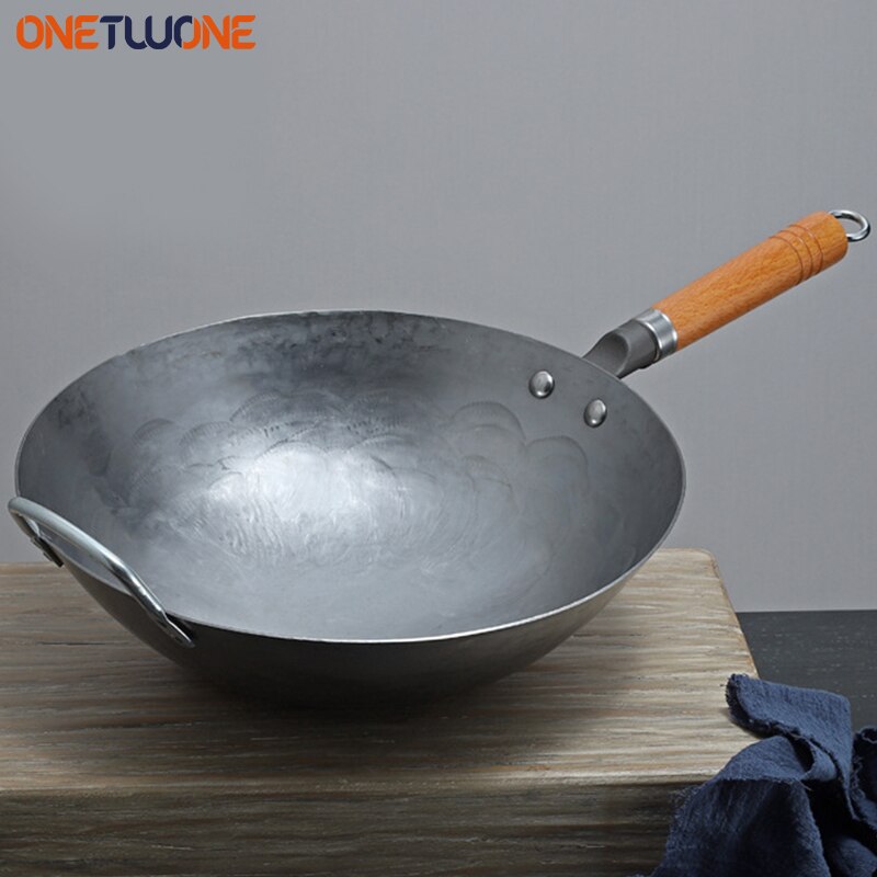 34cm Heavy Iron Wok Traditional Hand-forged Cast Iron Wok Non-stick Pan Non-coating Gas Cooker Kitchen Cookware