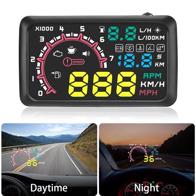 Multi-función de 5,5 pulgadas Hud Head Up Display velocidad combustible advertencia parabrisas Sistema de proyector con Obd2