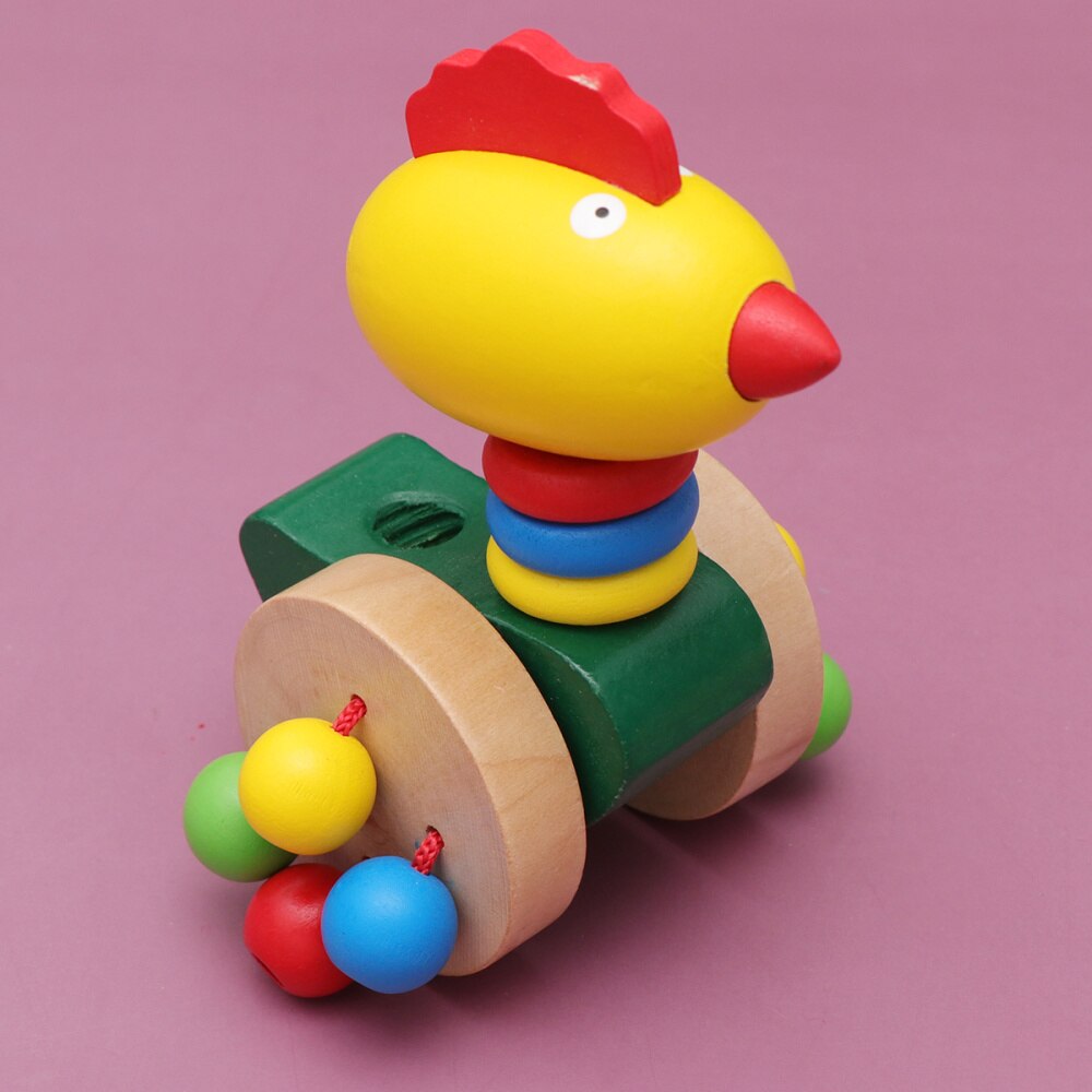Baby skubber sjovt billegetøj tegneserie dyrevogne legetøj baby rollator trævogne legetøj skubbestang vogn legetøj (frø): Kylling